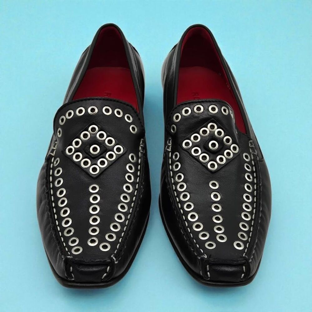 ROBERT ZUR Black Sz 7M True Glove Leather Driving Loafer Slip On Moccasin Rivets